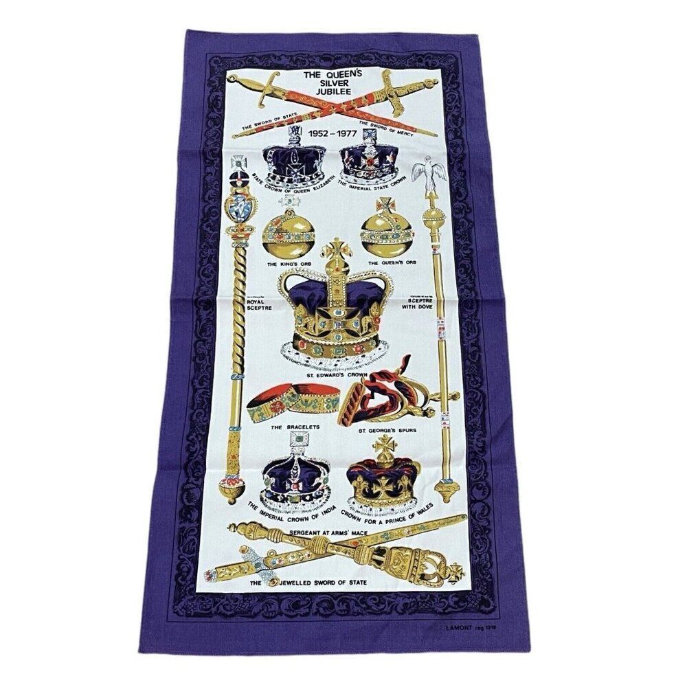 Vintage 1977 Lamont The Queen's Silver Jubilee Purple Cotton Tea Towel 29 x 14